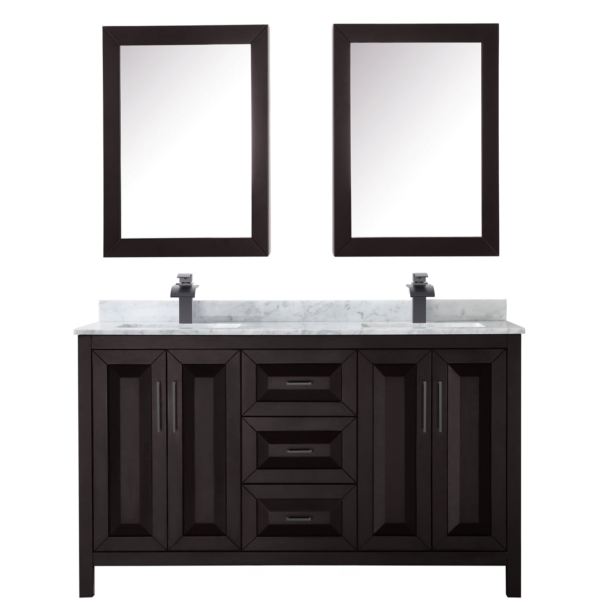 Daria 60 Inch Double Bathroom Vanity in Dark Espresso White Carrara Marble Countertop Undermount Square Sinks Matte Black Trim Medicine Cabinets