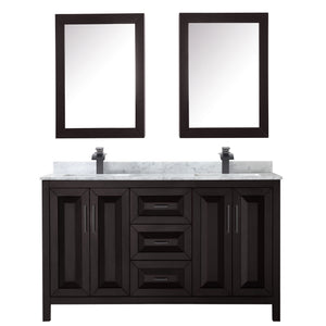 Daria 60 Inch Double Bathroom Vanity in Dark Espresso White Carrara Marble Countertop Undermount Square Sinks Matte Black Trim Medicine Cabinets