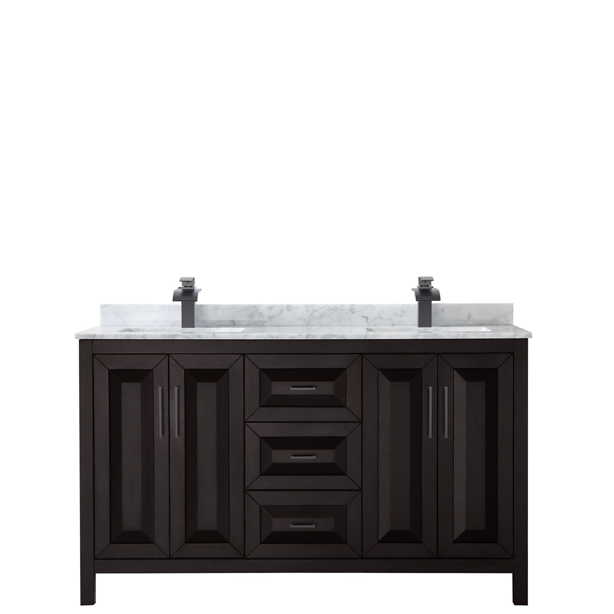 Daria 60 Inch Double Bathroom Vanity in Dark Espresso White Carrara Marble Countertop Undermount Square Sinks Matte Black Trim