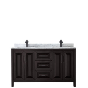 Daria 60 Inch Double Bathroom Vanity in Dark Espresso White Carrara Marble Countertop Undermount Square Sinks Matte Black Trim