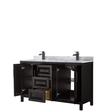 Daria 60 Inch Double Bathroom Vanity in Dark Espresso White Carrara Marble Countertop Undermount Square Sinks Matte Black Trim