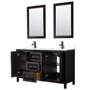 Daria 60 Inch Double Bathroom Vanity in Dark Espresso White Cultured Marble Countertop Undermount Square Sinks Matte Black Trim 24 Inch Mirrors