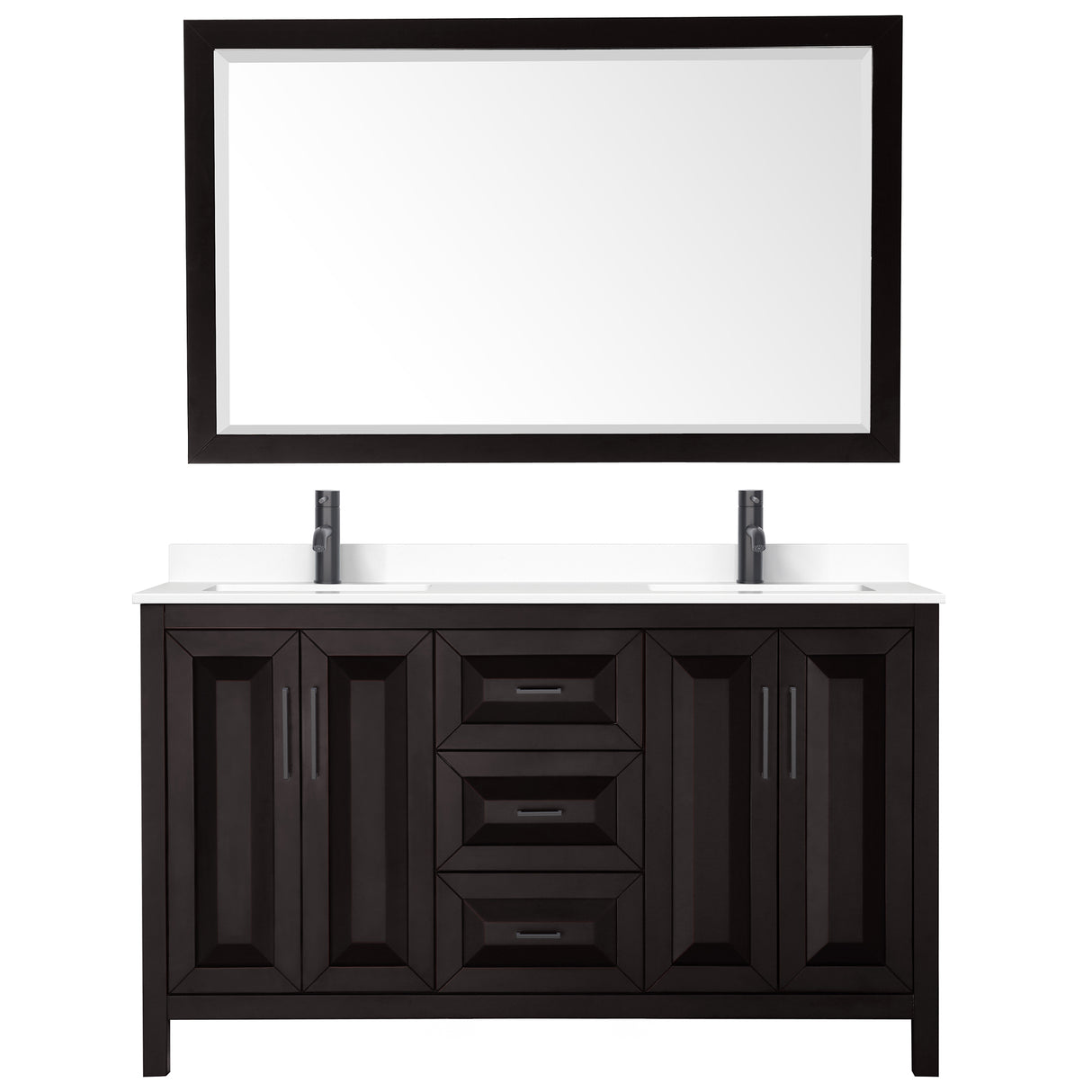 Daria 60 Inch Double Bathroom Vanity in Dark Espresso White Cultured Marble Countertop Undermount Square Sinks Matte Black Trim 58 Inch Mirror