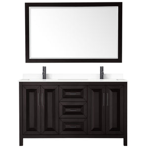Daria 60 Inch Double Bathroom Vanity in Dark Espresso White Cultured Marble Countertop Undermount Square Sinks Matte Black Trim 58 Inch Mirror