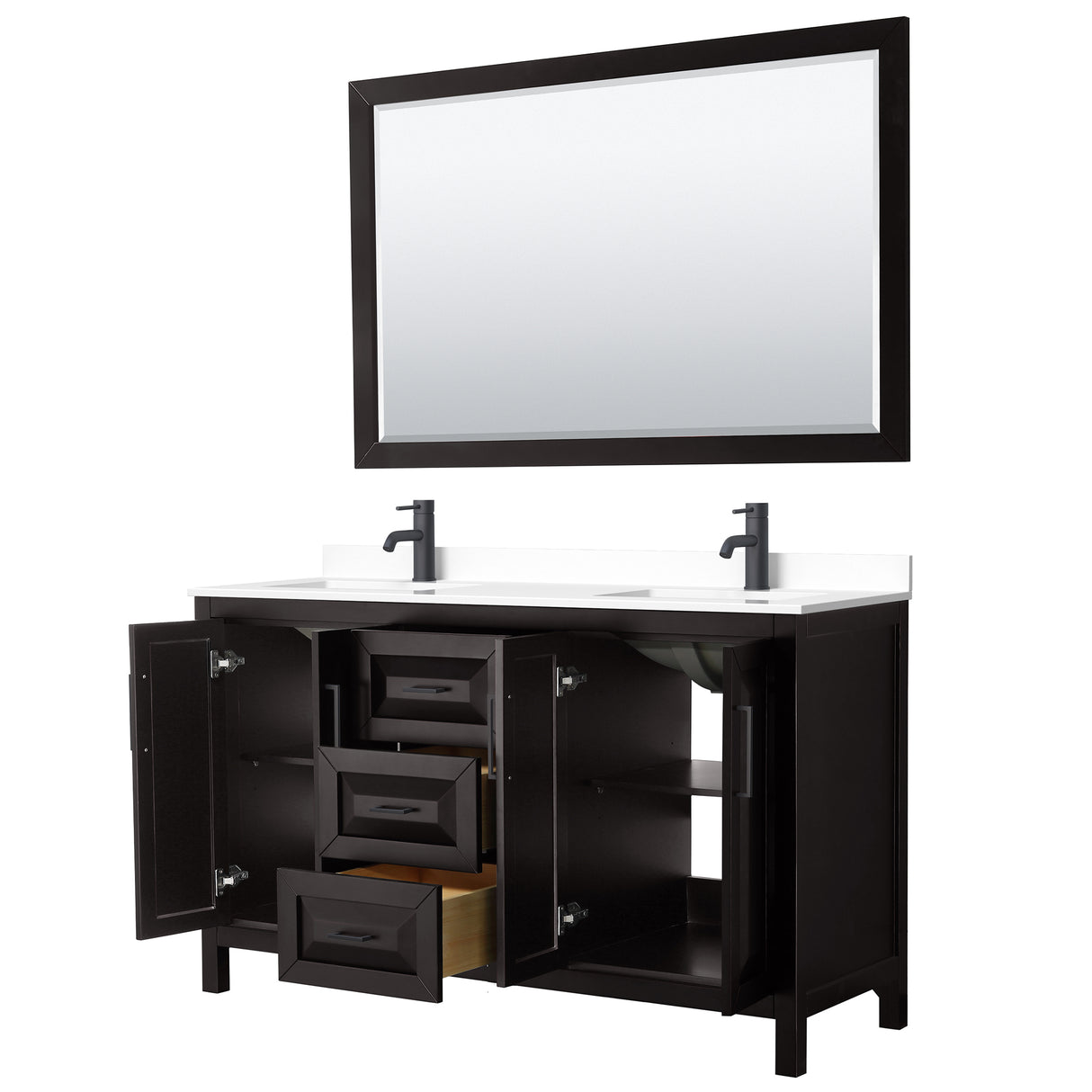 Daria 60 Inch Double Bathroom Vanity in Dark Espresso White Cultured Marble Countertop Undermount Square Sinks Matte Black Trim 58 Inch Mirror