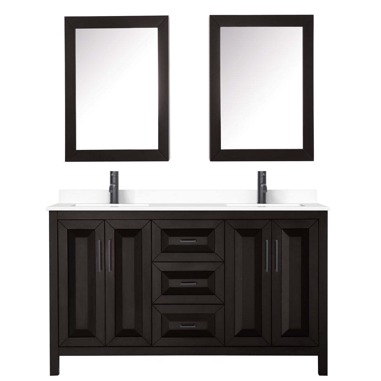 Daria 60 Inch Double Bathroom Vanity in Dark Espresso White Cultured Marble Countertop Undermount Square Sinks Matte Black Trim Medicine Cabinets