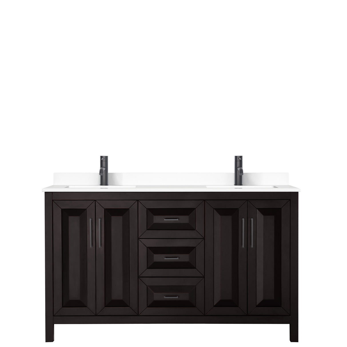 Daria 60 Inch Double Bathroom Vanity in Dark Espresso White Cultured Marble Countertop Undermount Square Sinks Matte Black Trim