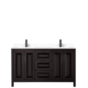 Daria 60 Inch Double Bathroom Vanity in Dark Espresso White Cultured Marble Countertop Undermount Square Sinks Matte Black Trim