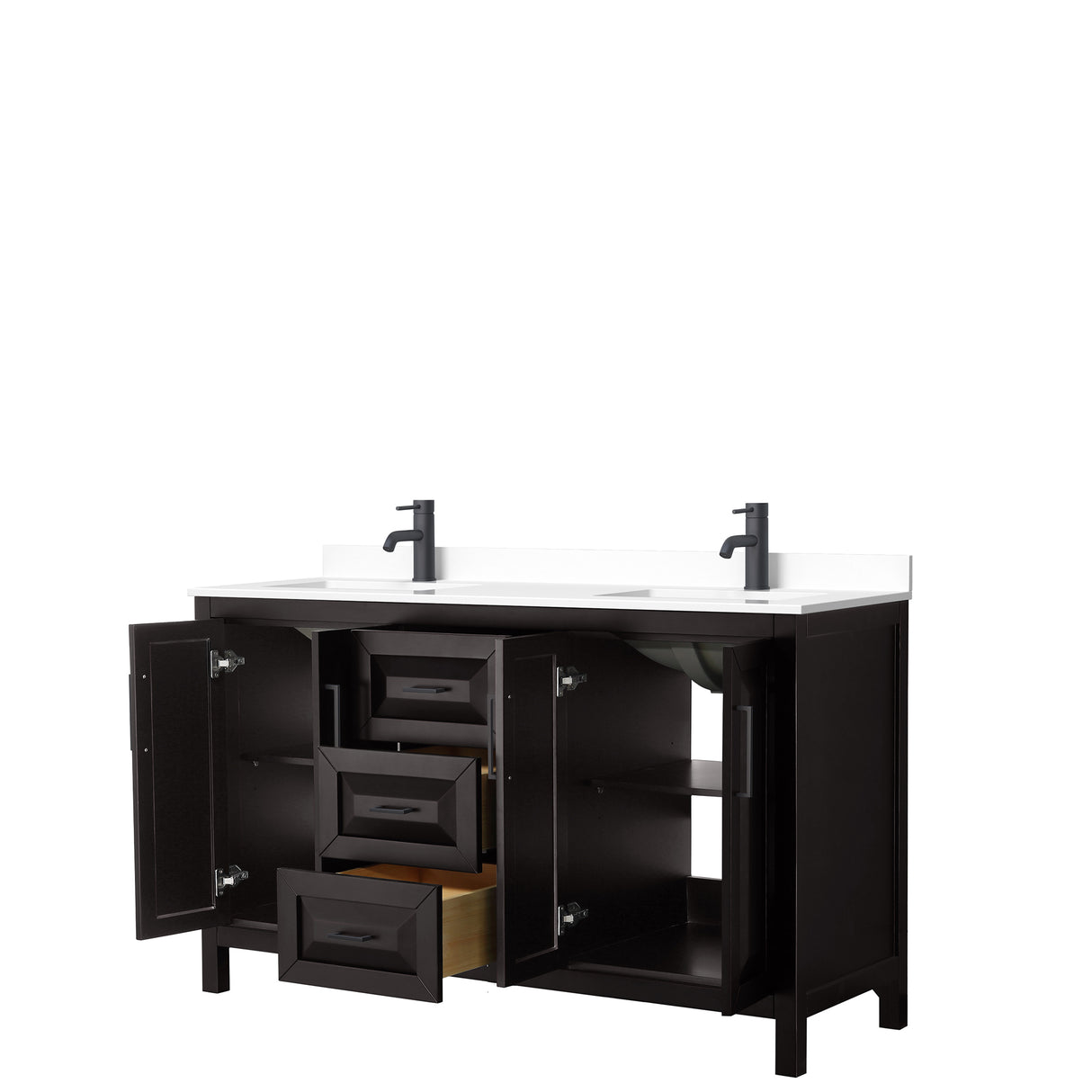 Daria 60 Inch Double Bathroom Vanity in Dark Espresso White Cultured Marble Countertop Undermount Square Sinks Matte Black Trim