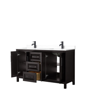 Daria 60 Inch Double Bathroom Vanity in Dark Espresso White Cultured Marble Countertop Undermount Square Sinks Matte Black Trim