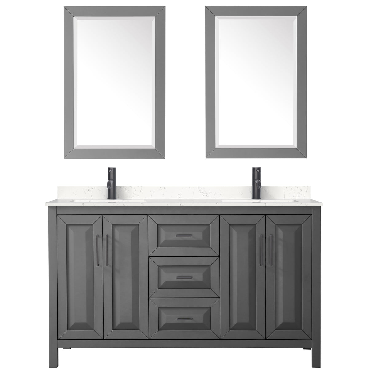 Daria 60 Inch Double Bathroom Vanity in Dark Gray Carrara Cultured Marble Countertop Undermount Square Sinks Matte Black Trim 24 Inch Mirrors