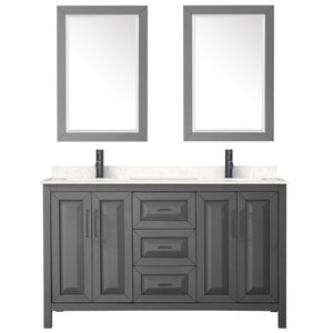 Daria 60 Inch Double Bathroom Vanity in Dark Gray Carrara Cultured Marble Countertop Undermount Square Sinks Matte Black Trim 24 Inch Mirrors