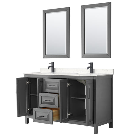 Daria 60 Inch Double Bathroom Vanity in Dark Gray Carrara Cultured Marble Countertop Undermount Square Sinks Matte Black Trim 24 Inch Mirrors