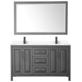 Daria 60 Inch Double Bathroom Vanity in Dark Gray Carrara Cultured Marble Countertop Undermount Square Sinks Matte Black Trim 58 Inch Mirror