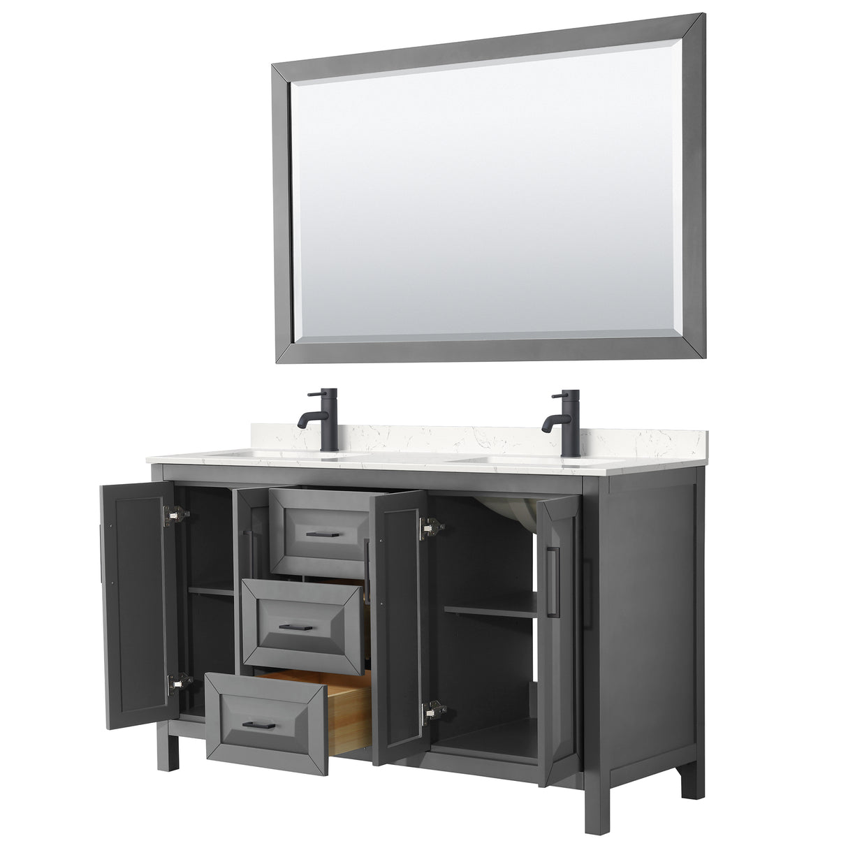 Daria 60 Inch Double Bathroom Vanity in Dark Gray Carrara Cultured Marble Countertop Undermount Square Sinks Matte Black Trim 58 Inch Mirror