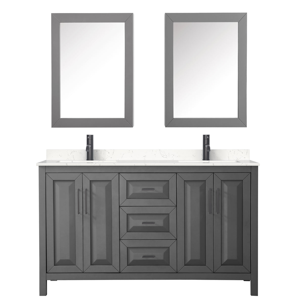 Daria 60 Inch Double Bathroom Vanity in Dark Gray Carrara Cultured Marble Countertop Undermount Square Sinks Matte Black Trim Medicine Cabinets