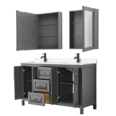 Daria 60 Inch Double Bathroom Vanity in Dark Gray Carrara Cultured Marble Countertop Undermount Square Sinks Matte Black Trim Medicine Cabinets