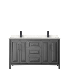 Daria 60 Inch Double Bathroom Vanity in Dark Gray Carrara Cultured Marble Countertop Undermount Square Sinks Matte Black Trim
