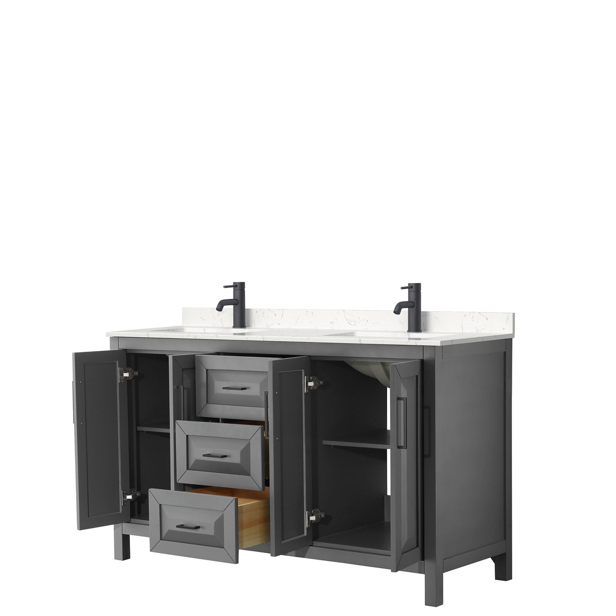 Daria 60 Inch Double Bathroom Vanity in Dark Gray Carrara Cultured Marble Countertop Undermount Square Sinks Matte Black Trim