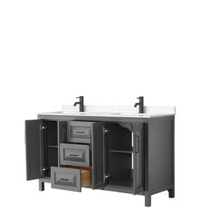 Daria 60 Inch Double Bathroom Vanity in Dark Gray Carrara Cultured Marble Countertop Undermount Square Sinks Matte Black Trim