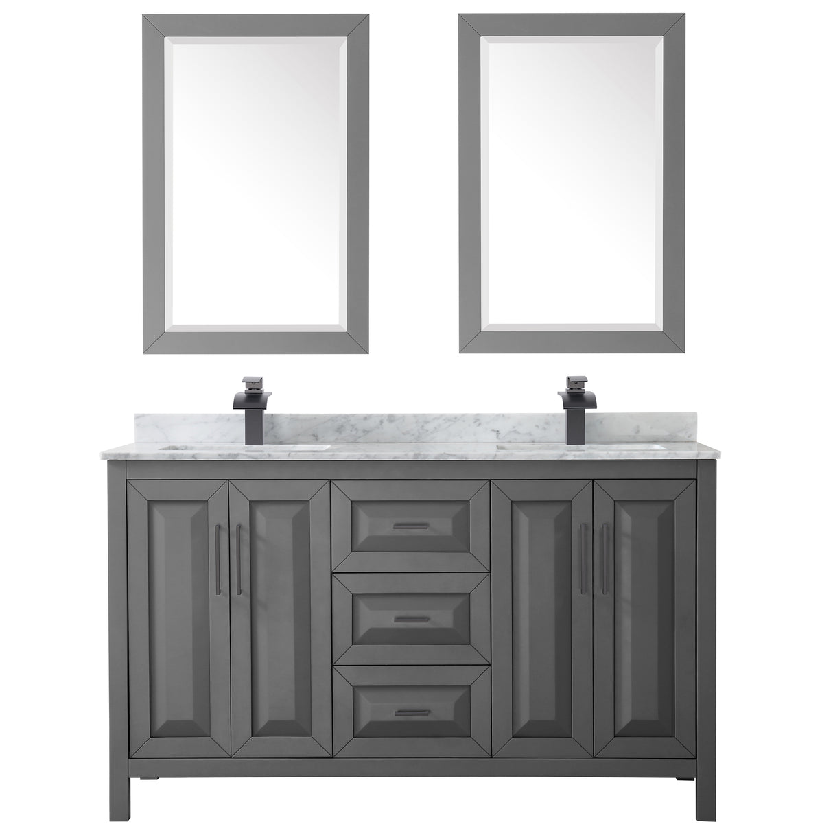 Daria 60 Inch Double Bathroom Vanity in Dark Gray White Carrara Marble Countertop Undermount Square Sinks Matte Black Trim 24 Inch Mirrors
