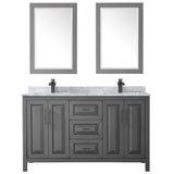 Daria 60 Inch Double Bathroom Vanity in Dark Gray White Carrara Marble Countertop Undermount Square Sinks Matte Black Trim 24 Inch Mirrors
