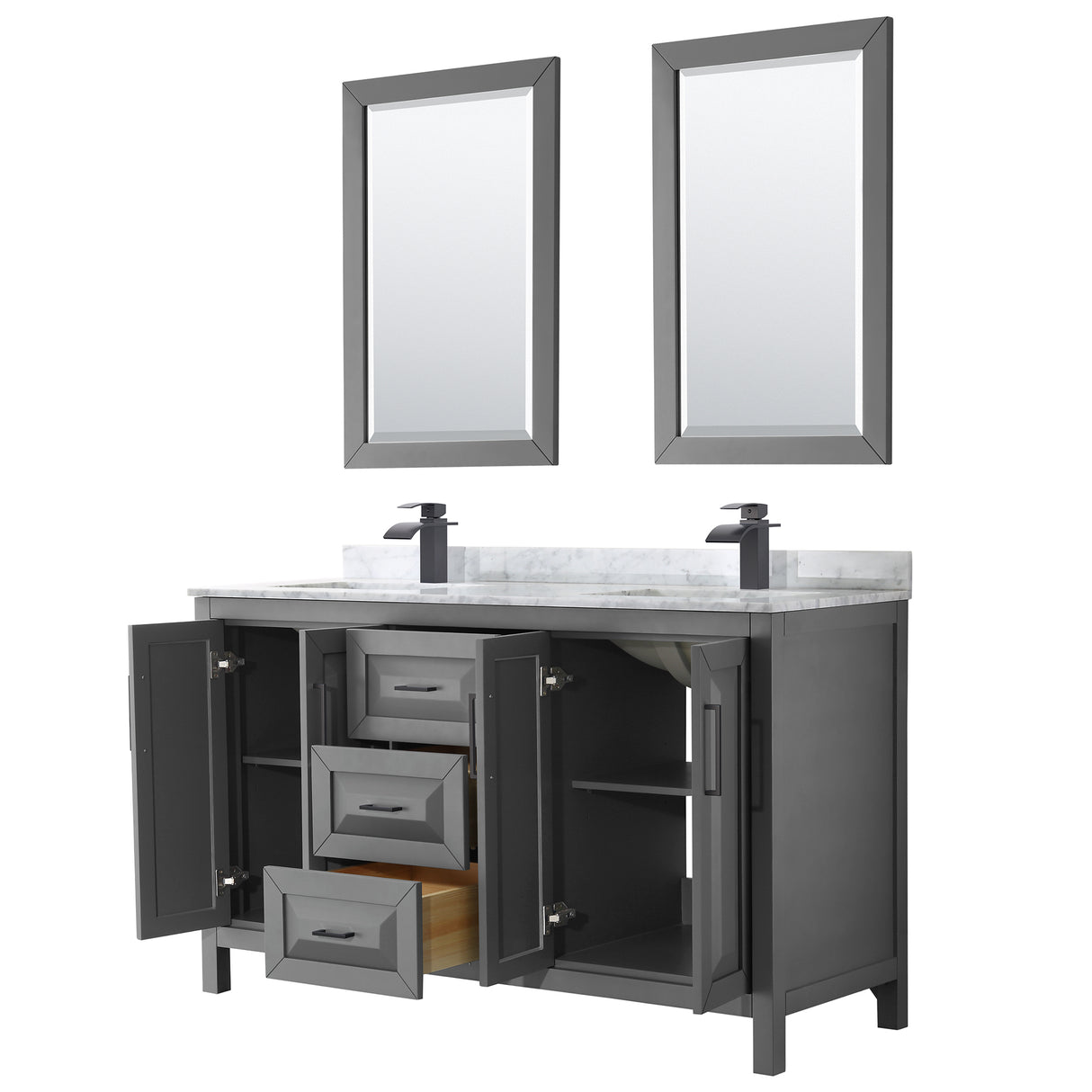 Daria 60 Inch Double Bathroom Vanity in Dark Gray White Carrara Marble Countertop Undermount Square Sinks Matte Black Trim 24 Inch Mirrors