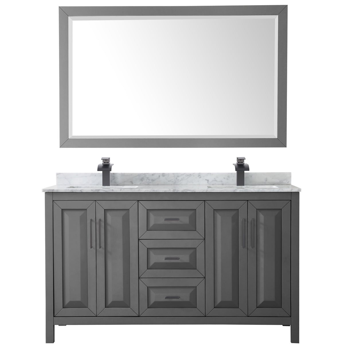 Daria 60 Inch Double Bathroom Vanity in Dark Gray White Carrara Marble Countertop Undermount Square Sinks Matte Black Trim 58 Inch Mirror