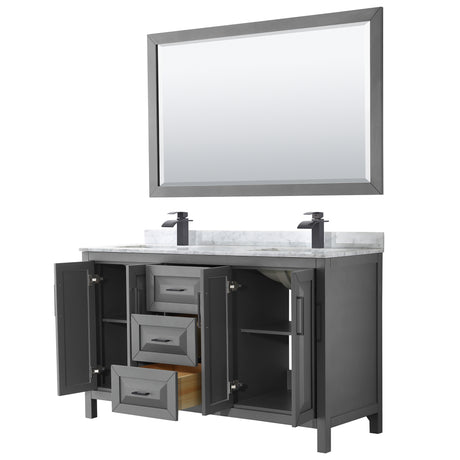 Daria 60 Inch Double Bathroom Vanity in Dark Gray White Carrara Marble Countertop Undermount Square Sinks Matte Black Trim 58 Inch Mirror