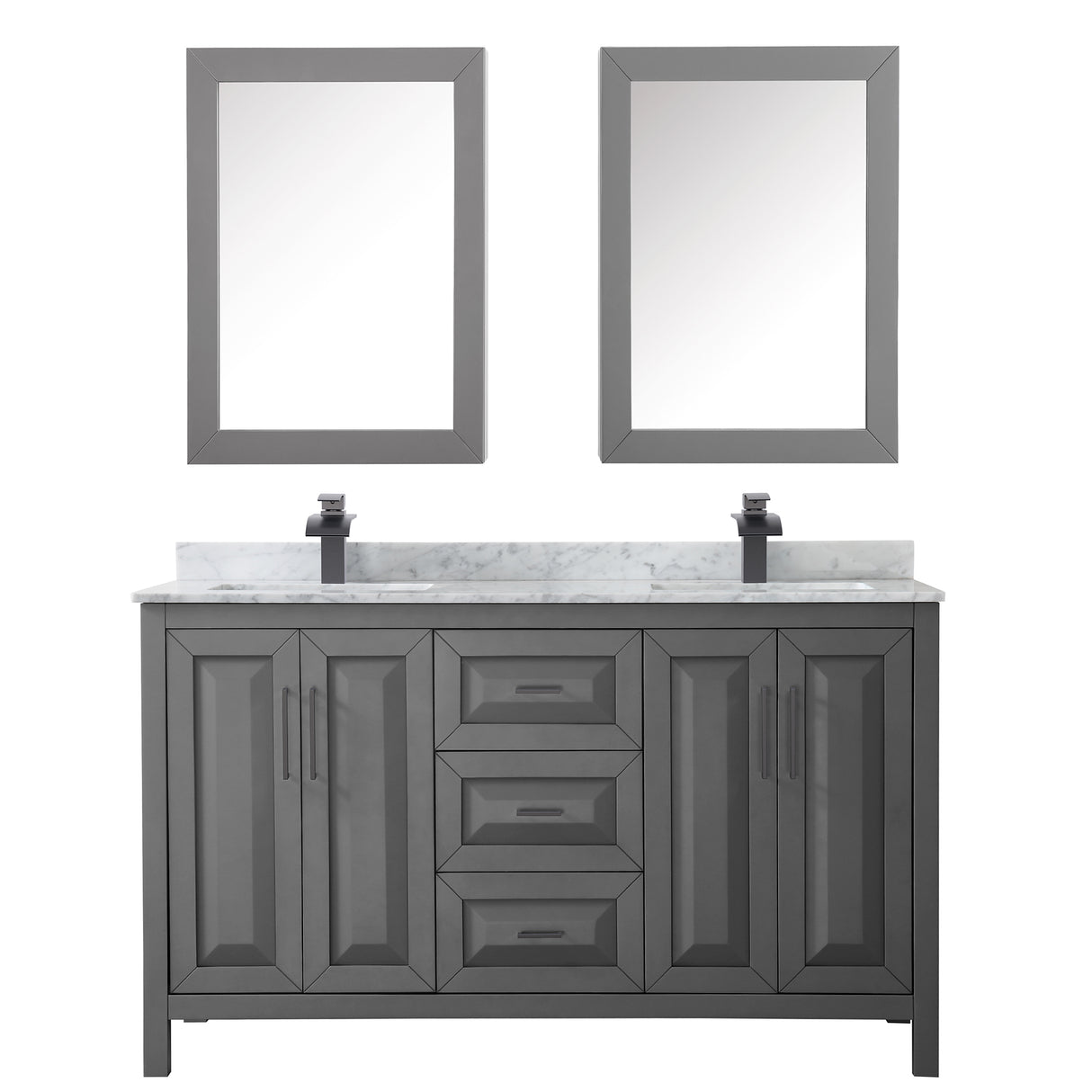 Daria 60 Inch Double Bathroom Vanity in Dark Gray White Carrara Marble Countertop Undermount Square Sinks Matte Black Trim Medicine Cabinets