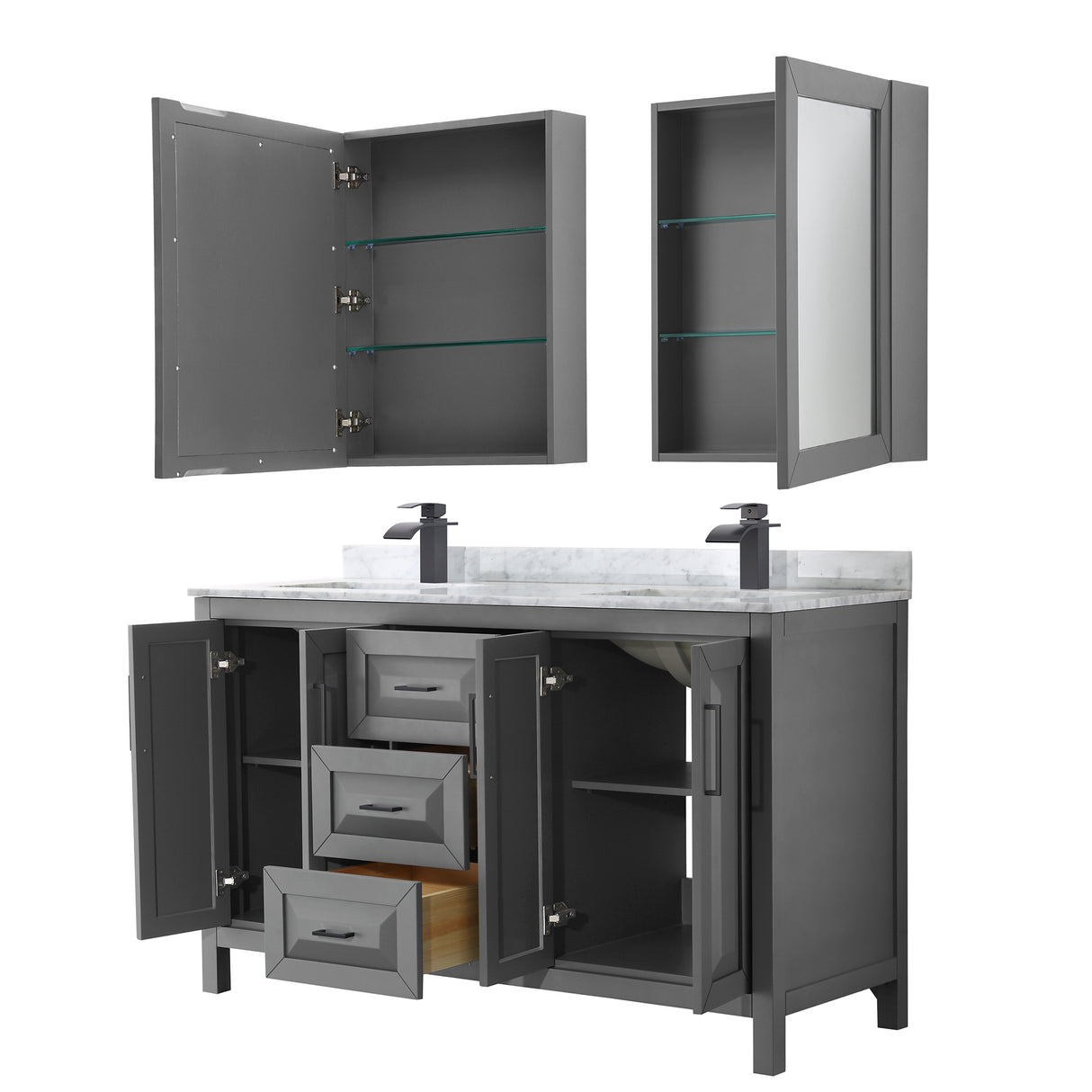 Daria 60 Inch Double Bathroom Vanity in Dark Gray White Carrara Marble Countertop Undermount Square Sinks Matte Black Trim Medicine Cabinets