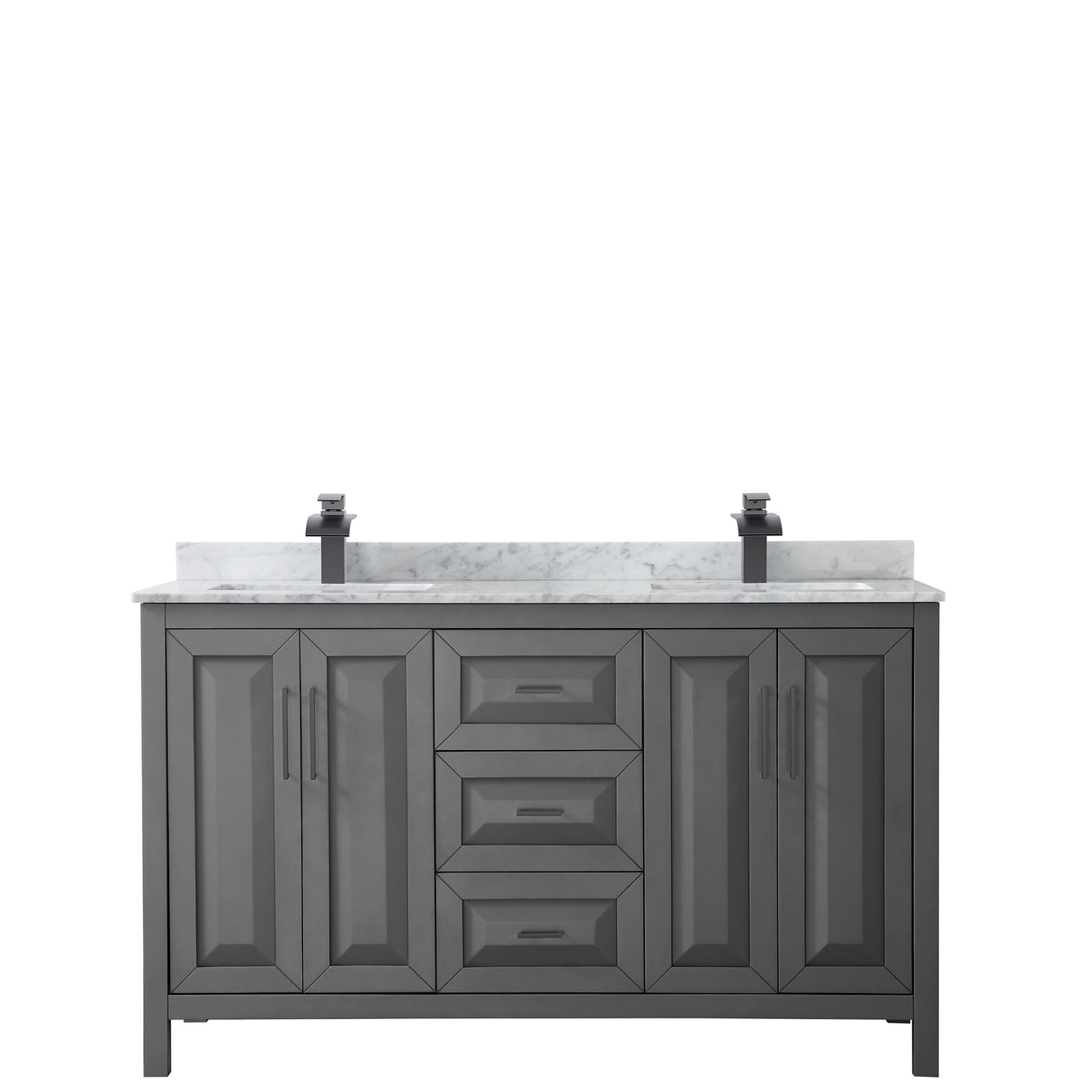 Daria 60 Inch Double Bathroom Vanity in Dark Gray White Carrara Marble Countertop Undermount Square Sinks Matte Black Trim