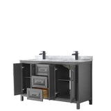 Daria 60 Inch Double Bathroom Vanity in Dark Gray White Carrara Marble Countertop Undermount Square Sinks Matte Black Trim