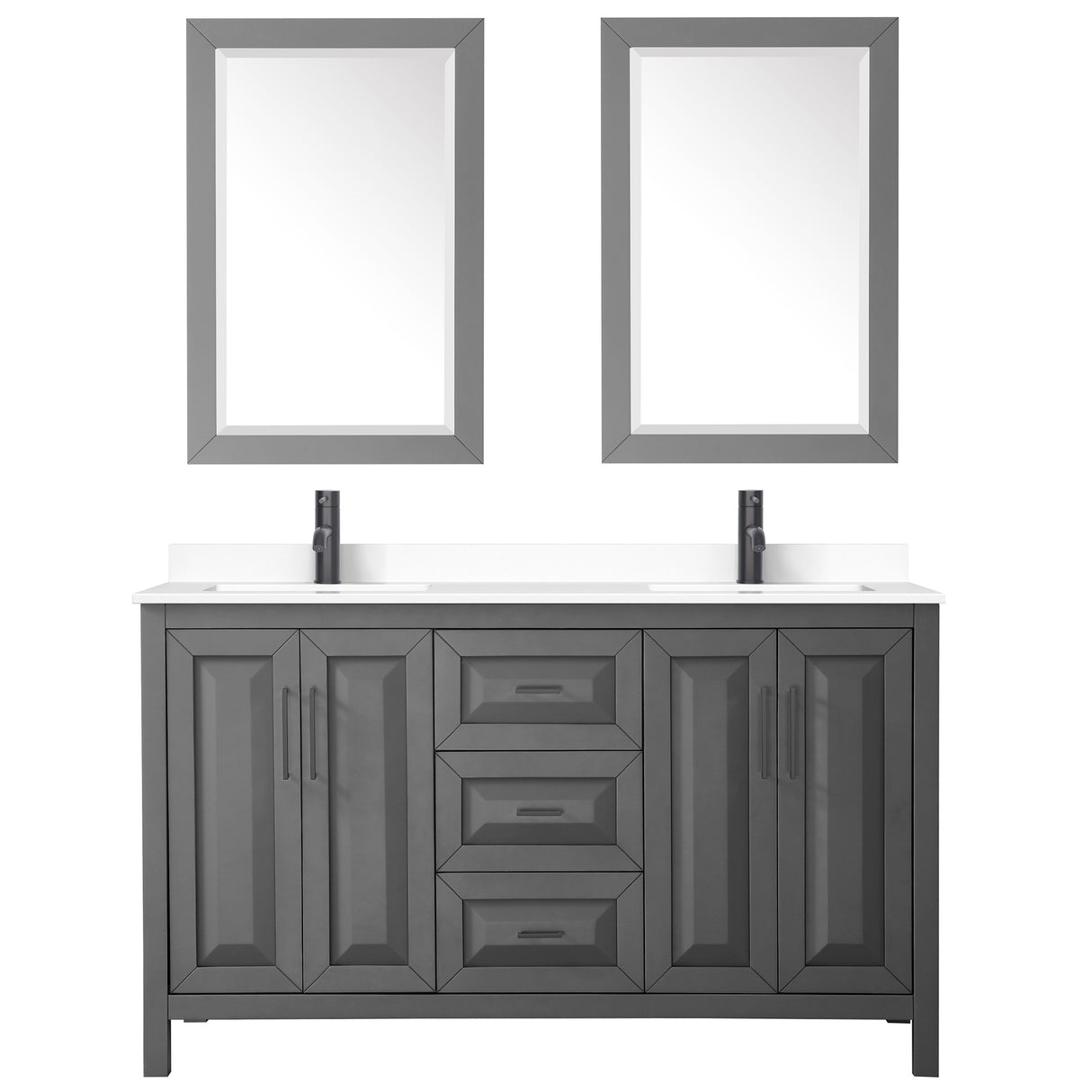 Daria 60 Inch Double Bathroom Vanity in Dark Gray White Cultured Marble Countertop Undermount Square Sinks Matte Black Trim 24 Inch Mirrors