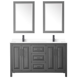 Daria 60 Inch Double Bathroom Vanity in Dark Gray White Cultured Marble Countertop Undermount Square Sinks Matte Black Trim 24 Inch Mirrors