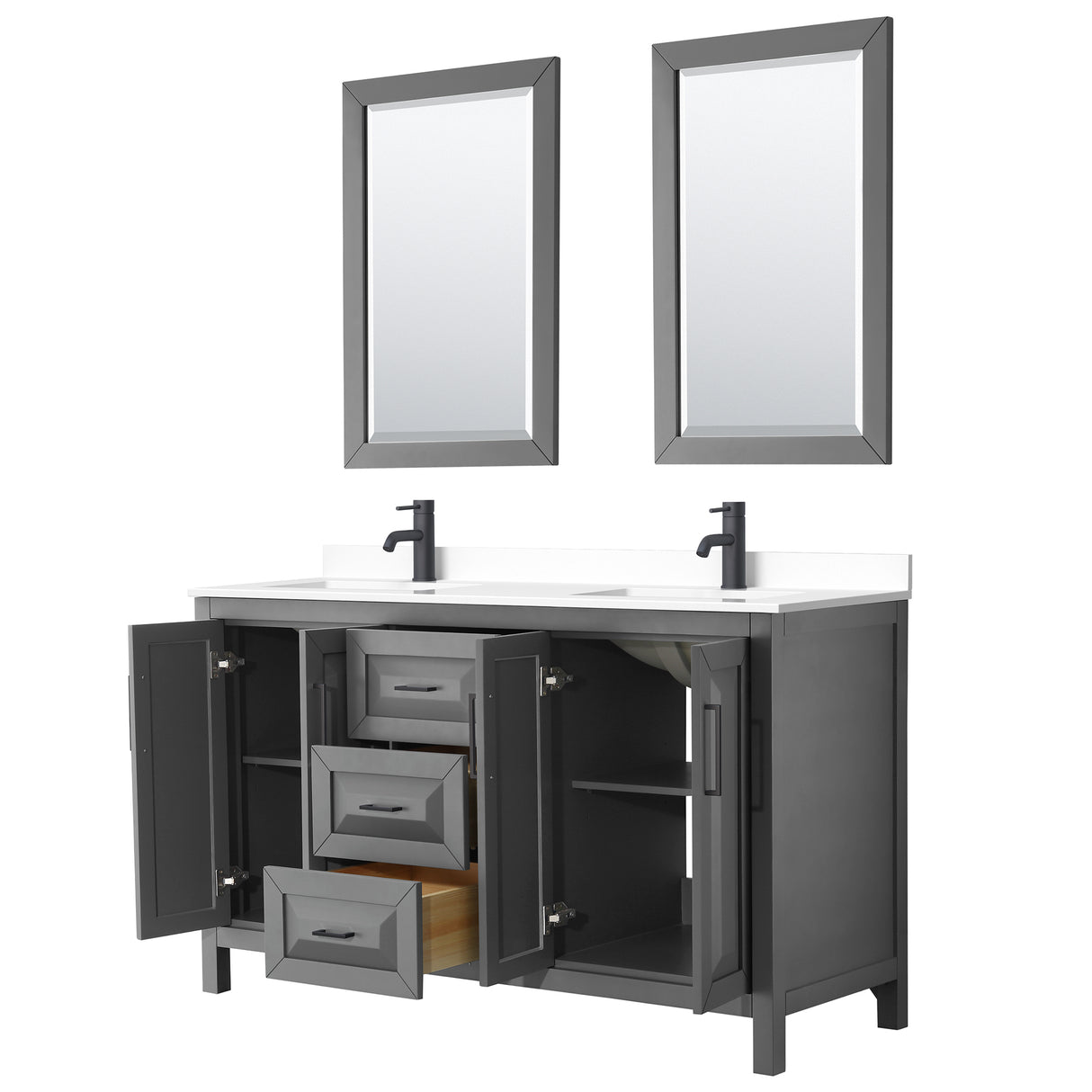 Daria 60 Inch Double Bathroom Vanity in Dark Gray White Cultured Marble Countertop Undermount Square Sinks Matte Black Trim 24 Inch Mirrors