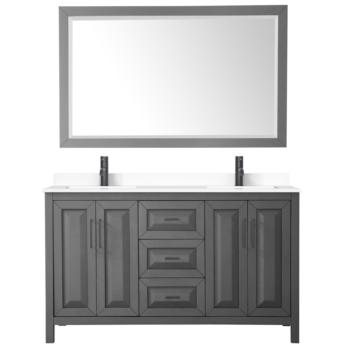 Daria 60 Inch Double Bathroom Vanity in Dark Gray White Cultured Marble Countertop Undermount Square Sinks Matte Black Trim 58 Inch Mirror