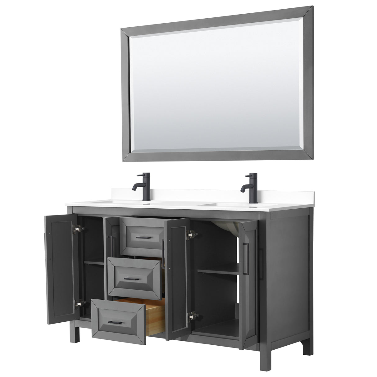 Daria 60 Inch Double Bathroom Vanity in Dark Gray White Cultured Marble Countertop Undermount Square Sinks Matte Black Trim 58 Inch Mirror