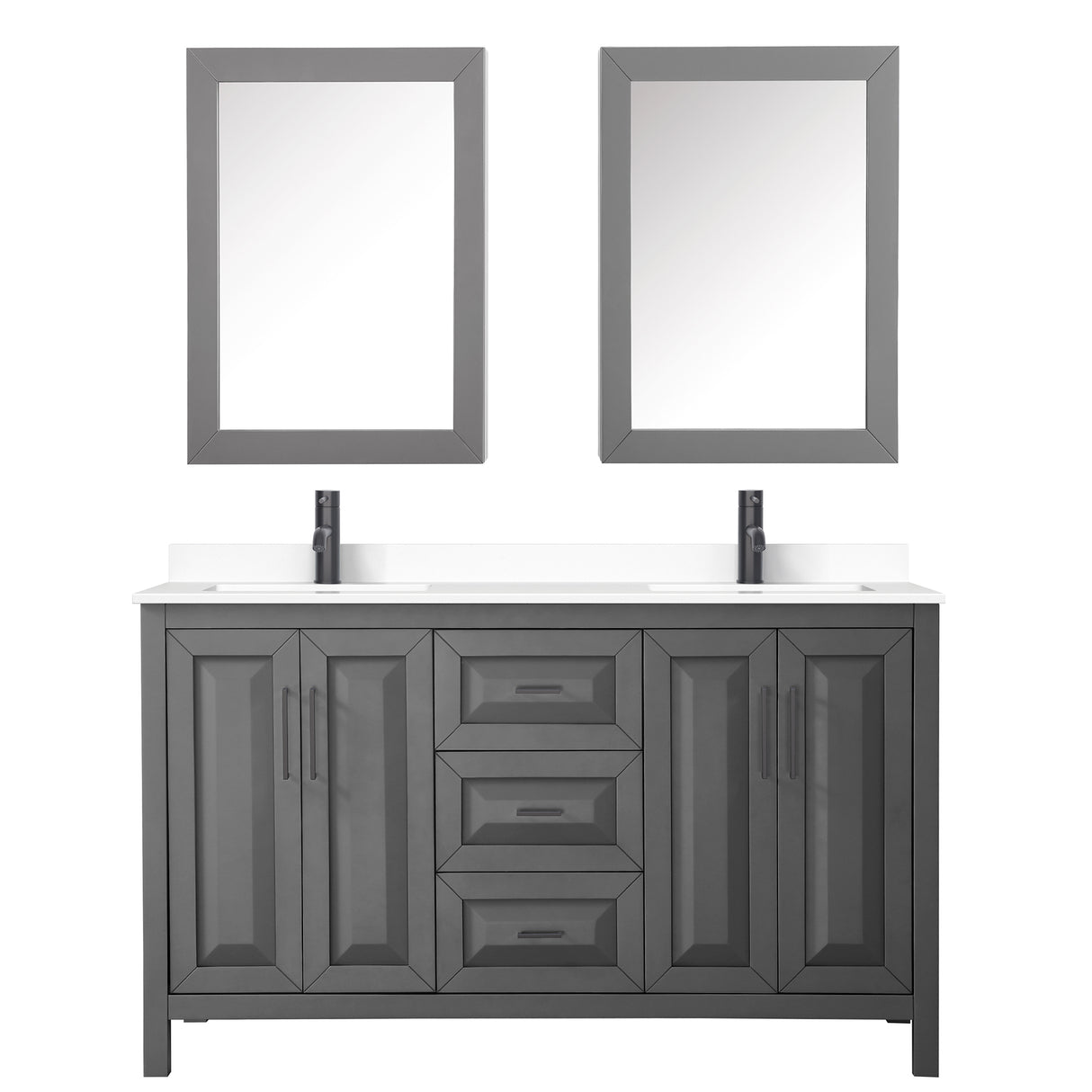 Daria 60 Inch Double Bathroom Vanity in Dark Gray White Cultured Marble Countertop Undermount Square Sinks Matte Black Trim Medicine Cabinets