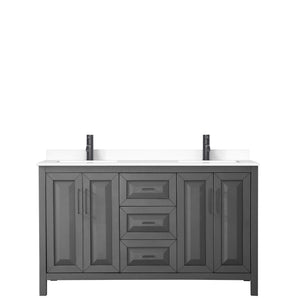 Daria 60 Inch Double Bathroom Vanity in Dark Gray White Cultured Marble Countertop Undermount Square Sinks Matte Black Trim