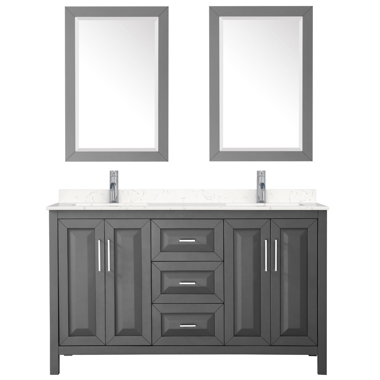 Daria 60 Inch Double Bathroom Vanity in Dark Gray Carrara Cultured Marble Countertop Undermount Square Sinks 24 Inch Mirrors