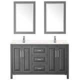 Daria 60 Inch Double Bathroom Vanity in Dark Gray Carrara Cultured Marble Countertop Undermount Square Sinks 24 Inch Mirrors