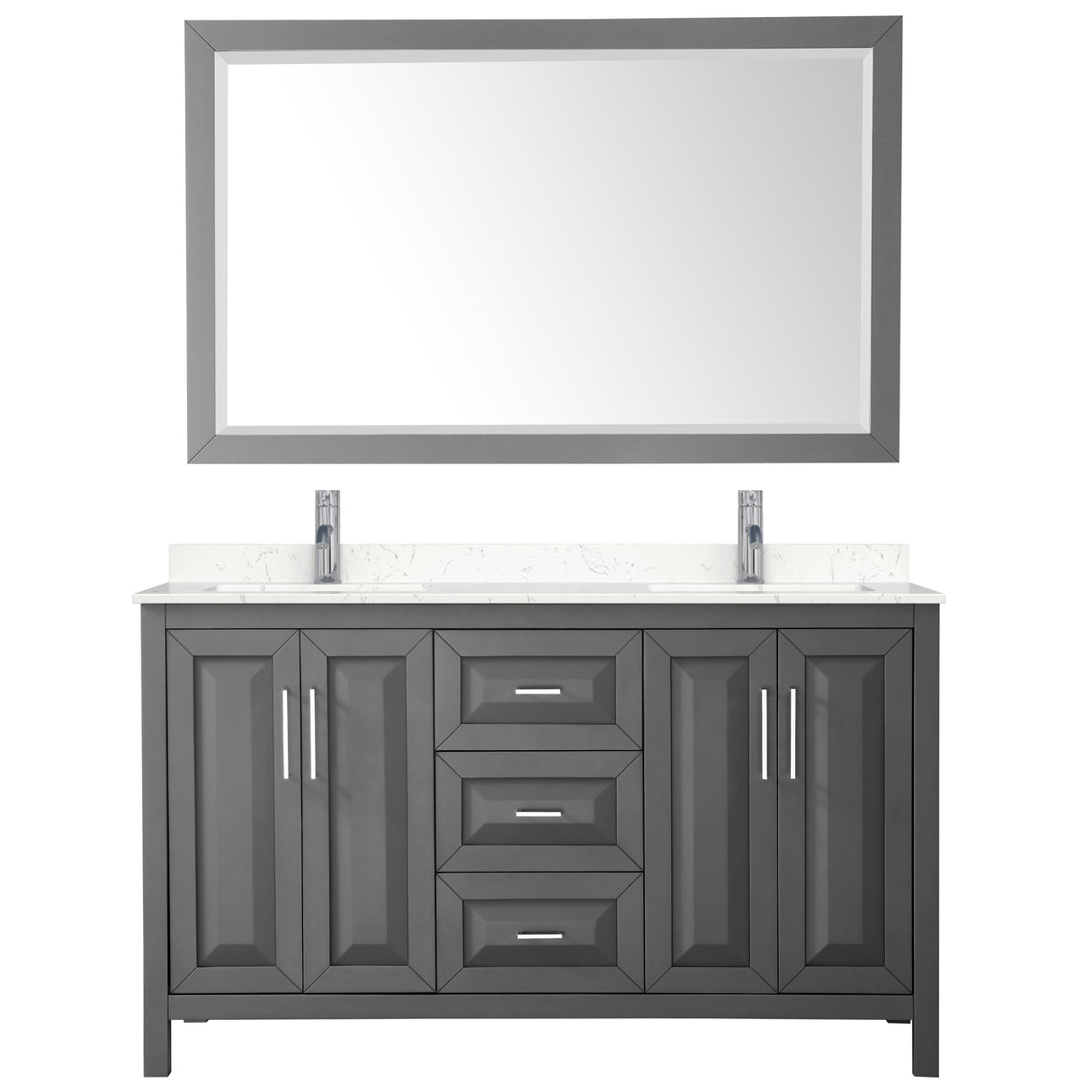Daria 60 Inch Double Bathroom Vanity in Dark Gray Carrara Cultured Marble Countertop Undermount Square Sinks 58 Inch Mirror