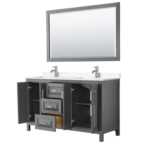Daria 60 Inch Double Bathroom Vanity in Dark Gray Carrara Cultured Marble Countertop Undermount Square Sinks 58 Inch Mirror