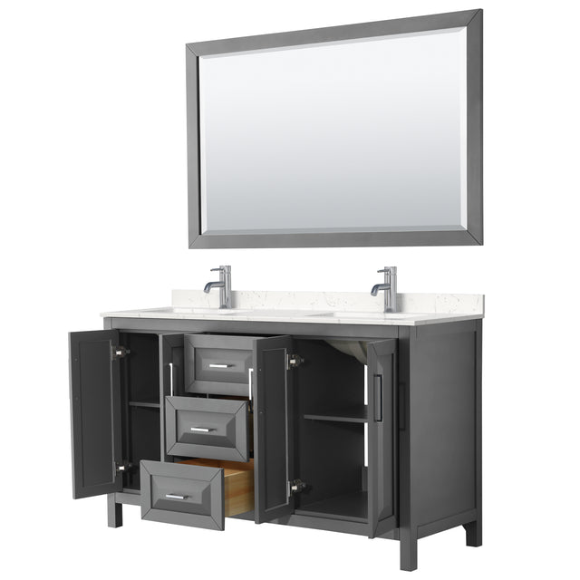 Daria 60 Inch Double Bathroom Vanity in Dark Gray Carrara Cultured Marble Countertop Undermount Square Sinks 58 Inch Mirror