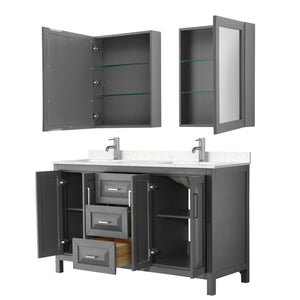 Daria 60 Inch Double Bathroom Vanity in Dark Gray Carrara Cultured Marble Countertop Undermount Square Sinks Medicine Cabinets