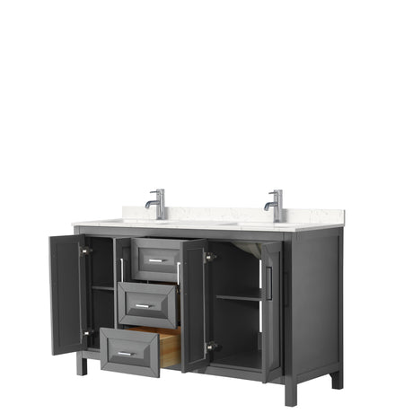 Daria 60 Inch Double Bathroom Vanity in Dark Gray Carrara Cultured Marble Countertop Undermount Square Sinks No Mirror