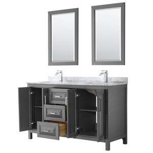 Daria 60 Inch Double Bathroom Vanity in Dark Gray White Carrara Marble Countertop Undermount Square Sinks and 24 Inch Mirrors