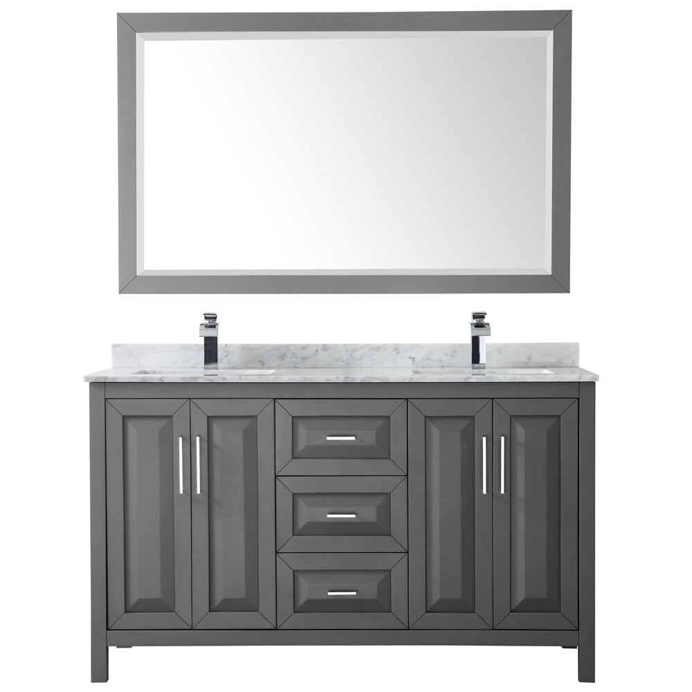 Daria 60 Inch Double Bathroom Vanity in Dark Gray White Carrara Marble Countertop Undermount Square Sinks and 58 Inch Mirror