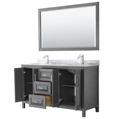 Daria 60 Inch Double Bathroom Vanity in Dark Gray White Carrara Marble Countertop Undermount Square Sinks and 58 Inch Mirror